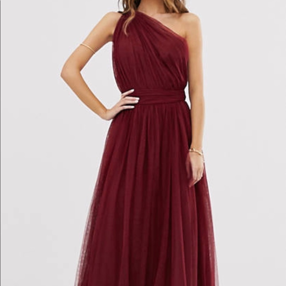 ASOS DESIGN one shoulder tulle maxi dress in oxblood